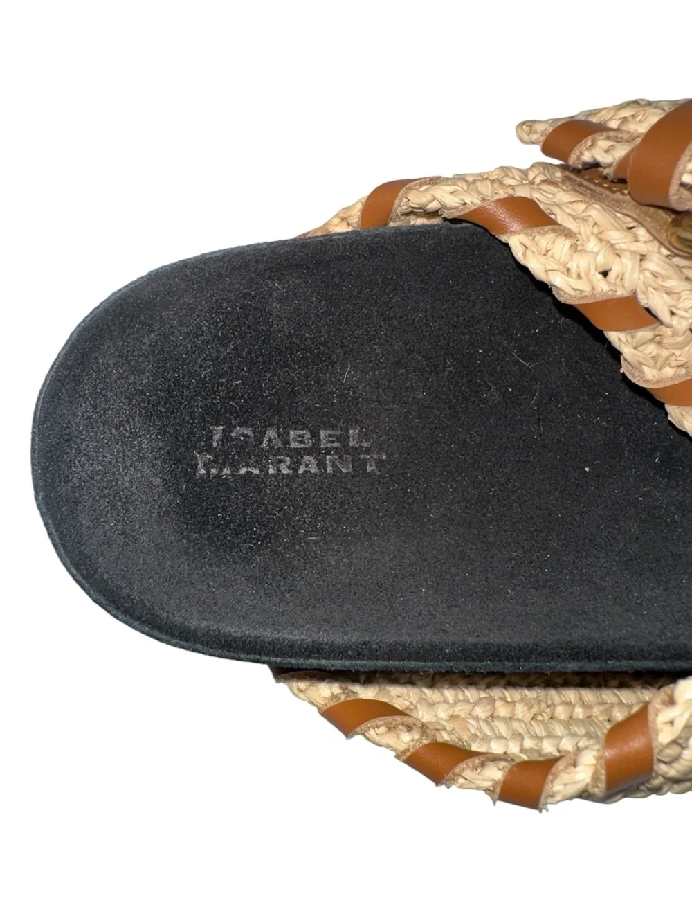 Isabel Marant Lennyo Leather Trim Raffia Buckle Slide Sandals 40